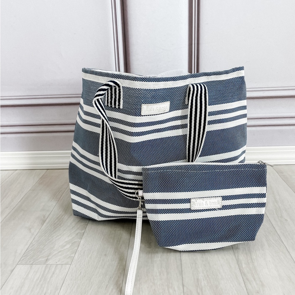 Blue and White Striped Tote Bag Set